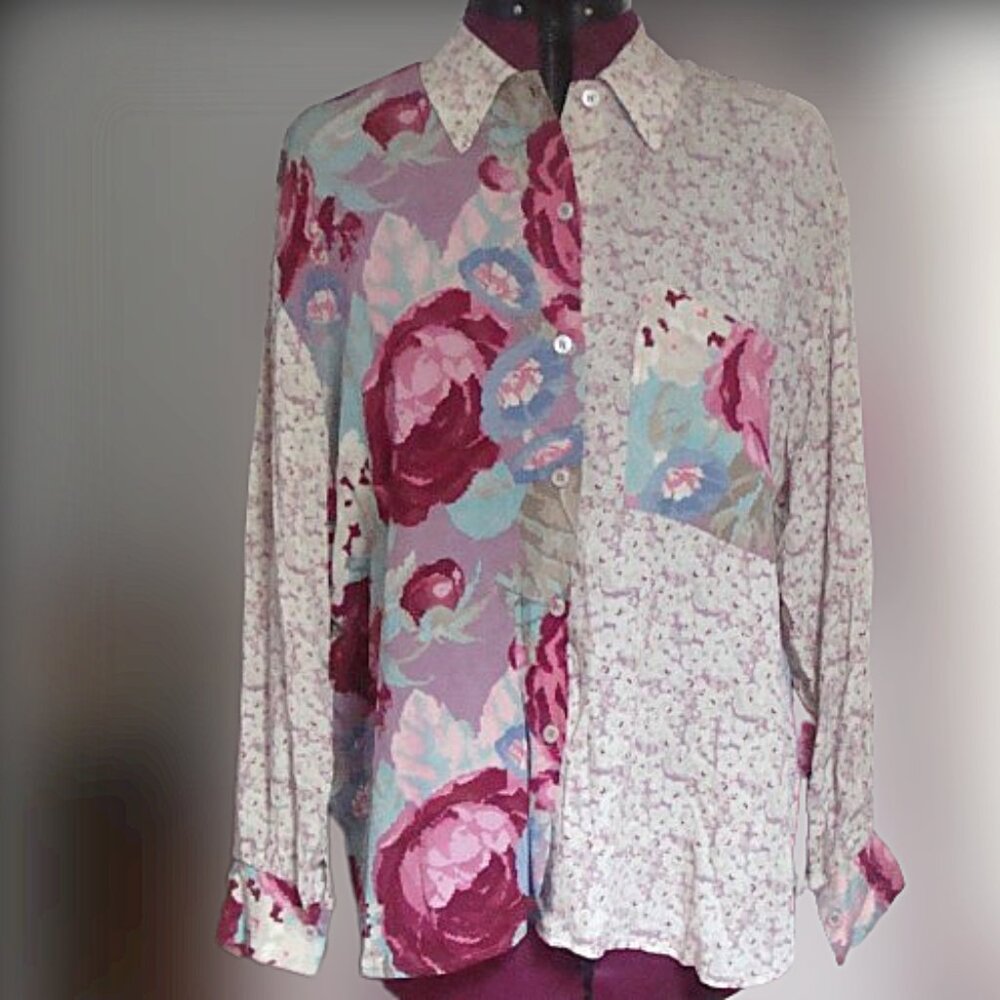90s Asymmetrical Boho Floral Patch Print Blouse